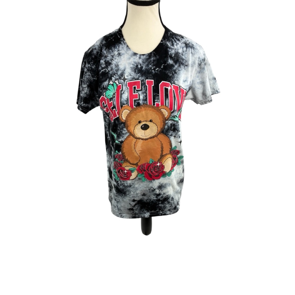 Gildan Self Love Tie Dye T Shirt Womens S Teddy Bear Roses Graphic Tee